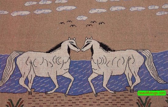 Handmade Persian Shiraz horizontal wall rug with two horses made of wool. Size 5x3.5.