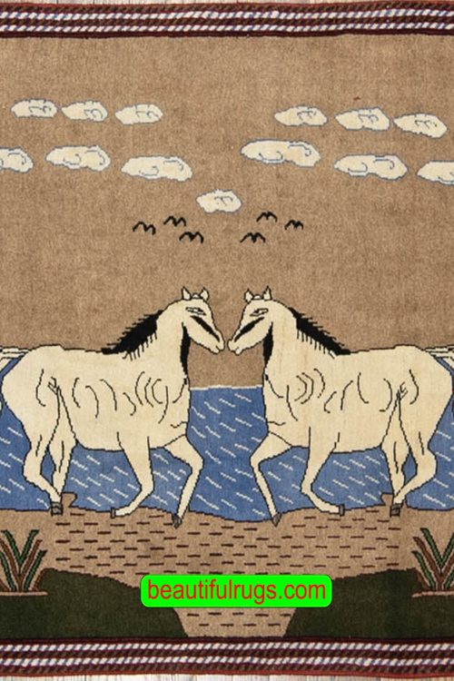 Handmade Persian Shiraz horizontal wall rug with two horses made of wool. Size 5x3.5.
