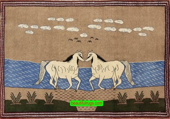 Handmade Persian Shiraz horizontal wall rug with two horses made of wool. Size 5x3.5.