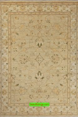 Handmade transitional style Pakistani wool oriental rug with beige and green colors. Size 5.8x7.9.