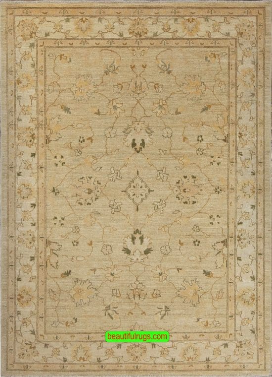 Handmade transitional style Pakistani wool oriental rug with beige and green colors. Size 5.8x7.9.