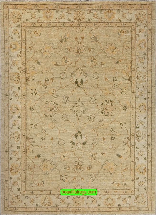 Handmade transitional style Pakistani wool oriental rug with beige and green colors. Size 5.8x7.9.