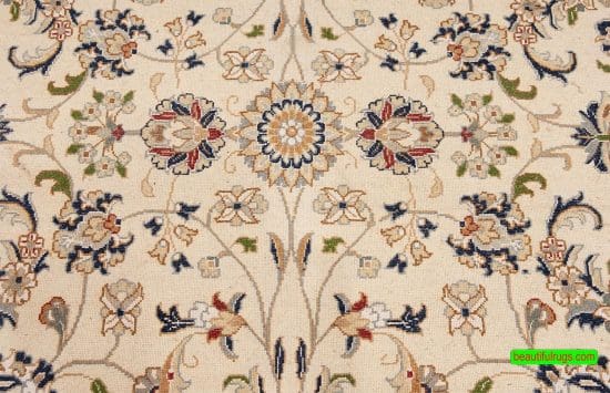 Hand knotted Oriental area rug in beige color, Nain design rug with all over patter. Size 6.1x9.3.