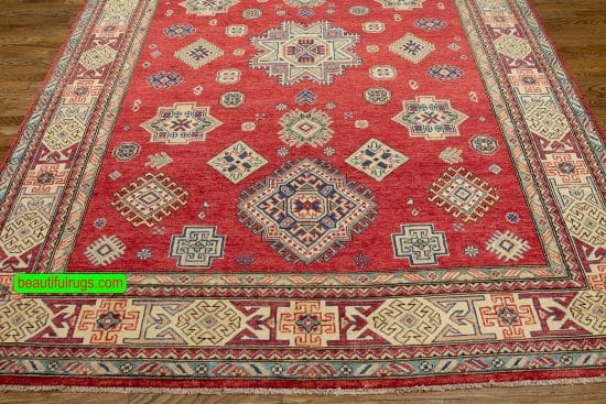 Handmade oriental rug, geometric red and beige wool rug. Size 6.6x9.7