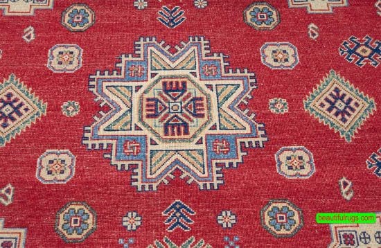 Handmade oriental rug, geometric red and beige wool rug. Size 6.6x9.7