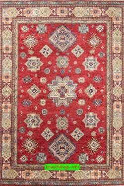 Handmade oriental rug, geometric red and beige wool rug. Size 6.6x9.7