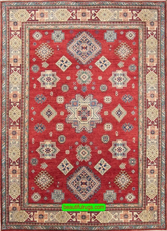 Handmade oriental rug, geometric red and beige wool rug. Size 6.6x9.7