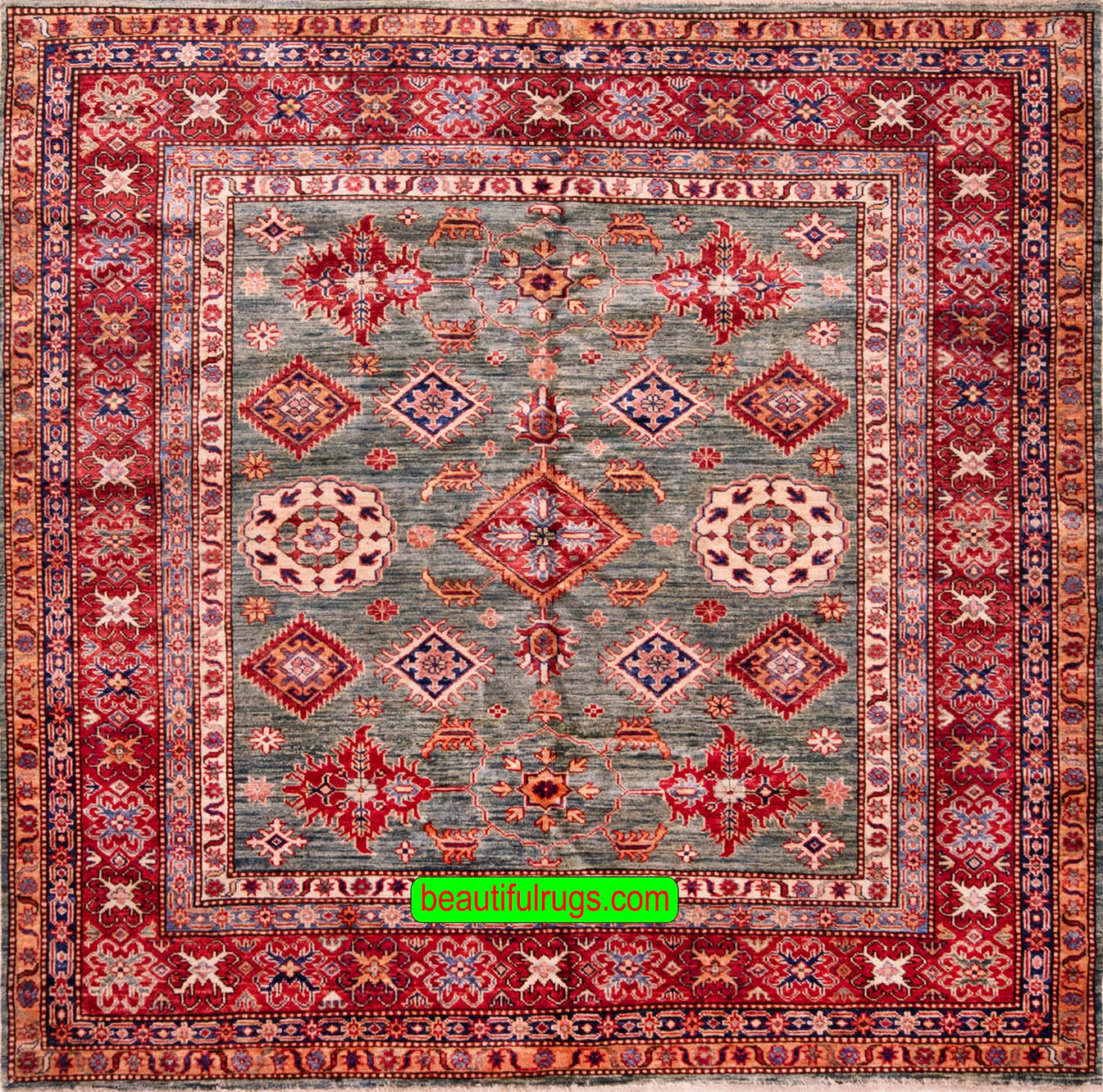 Handmade square rug, geometric Kazak design in green and red colors. Size 6x6.