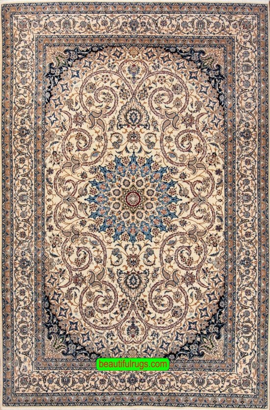 Gorgeous handmade Nain Persian rug wool and silk rug with beige color. Size 7x10.8.