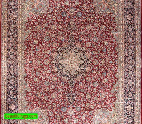 Persian rug 12x15, beautiful hand knotted Persian Kerman wool rug in red and navy-blue colors.