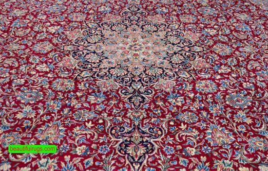 Persian rug 12x15, beautiful hand knotted Persian Kerman wool rug in red and navy-blue colors.