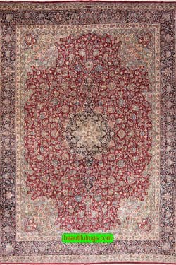 Persian rug 12x15, beautiful hand knotted Persian Kerman wool rug in red and navy-blue colors.