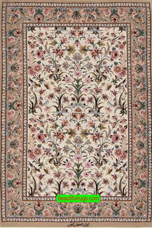 Hand knotted Persian Isfahan wool and silk beige area rug with birds and butterfly. Size 2.8x4.