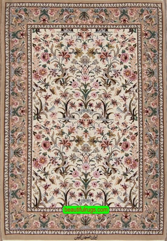 Hand knotted Persian Isfahan wool and silk beige area rug with birds and butterfly. Size 2.8x4.