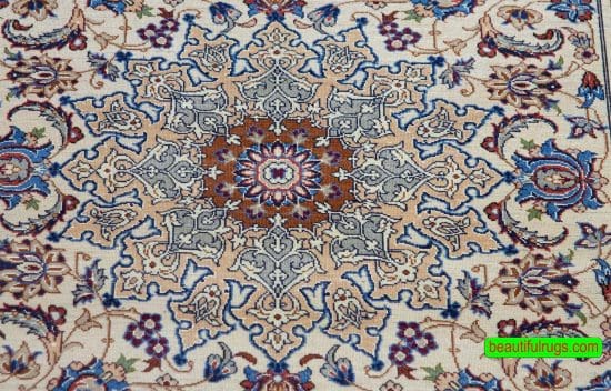 Fine quality handmade Persian floral rug made of kork wool and silk in beige color. Size 2.10x4.4.