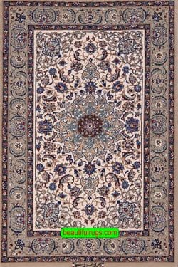 Fine quality handmade Persian floral rug made of kork wool and silk in beige color. Size 2.10x4.4.