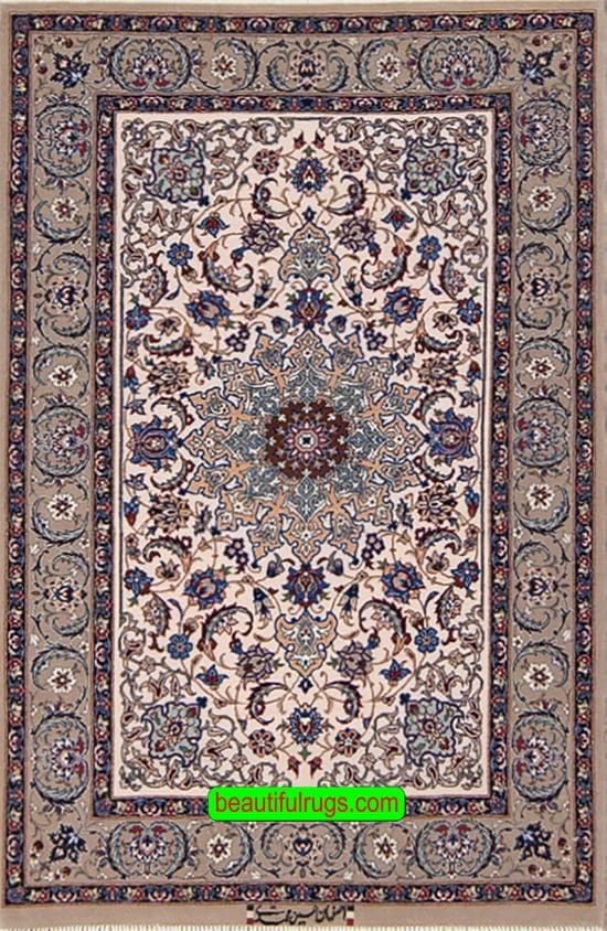 Fine quality handmade Persian floral rug made of kork wool and silk in beige color. Size 2.10x4.4.