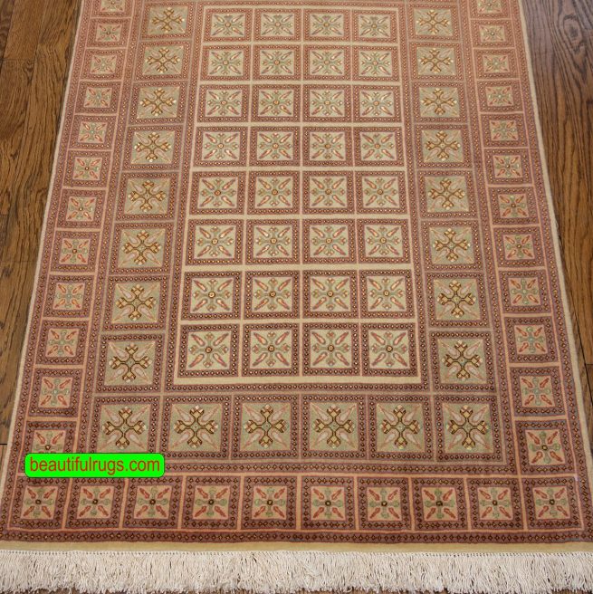 A unique handmade carpet from Iran in beige and brown colors made of wool and silk. Size 2.8x4.2.