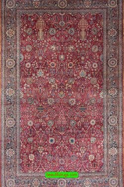 Beautiful antique Persian Kerman rug in red and blue color, unique design. Size 11.2x18.6.