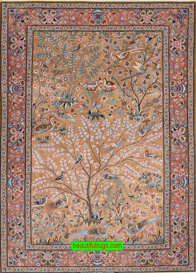 Hand Knotted Persian Isfahan Silk Rug, Silk Tree of Life Rug, Gold & Copper Color Rug, size 4.10x7.2