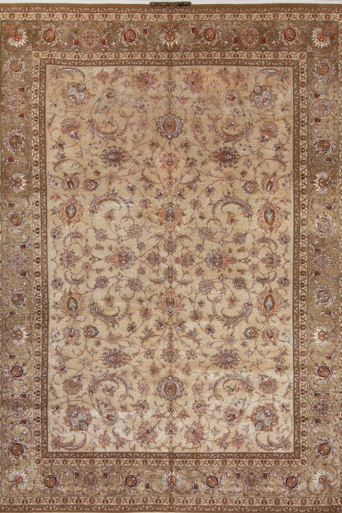 Persian silk Isfahan rugs with champagne and olive color. Size 8.6x12.