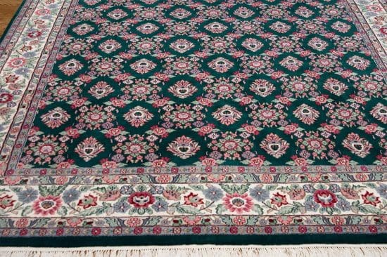 Handmade wool oriental rug, all-over floral design rug in green color. Size 9x12.