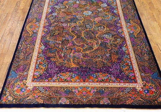 Hand knotted pure silk Persian Qum rug with an artistic multicolor tree of life design. Size 4.6x7.