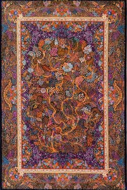 Hand knotted pure silk Persian Qum rug with an artistic multicolor tree of life design. Size 4.6x7.