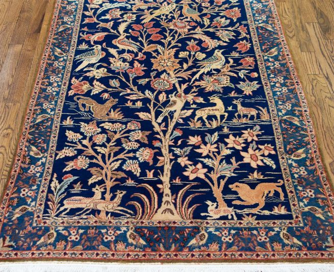 Vintage rug, handmade tree of life Persian Bijar rug in blue color. Size 3.5x5.5.