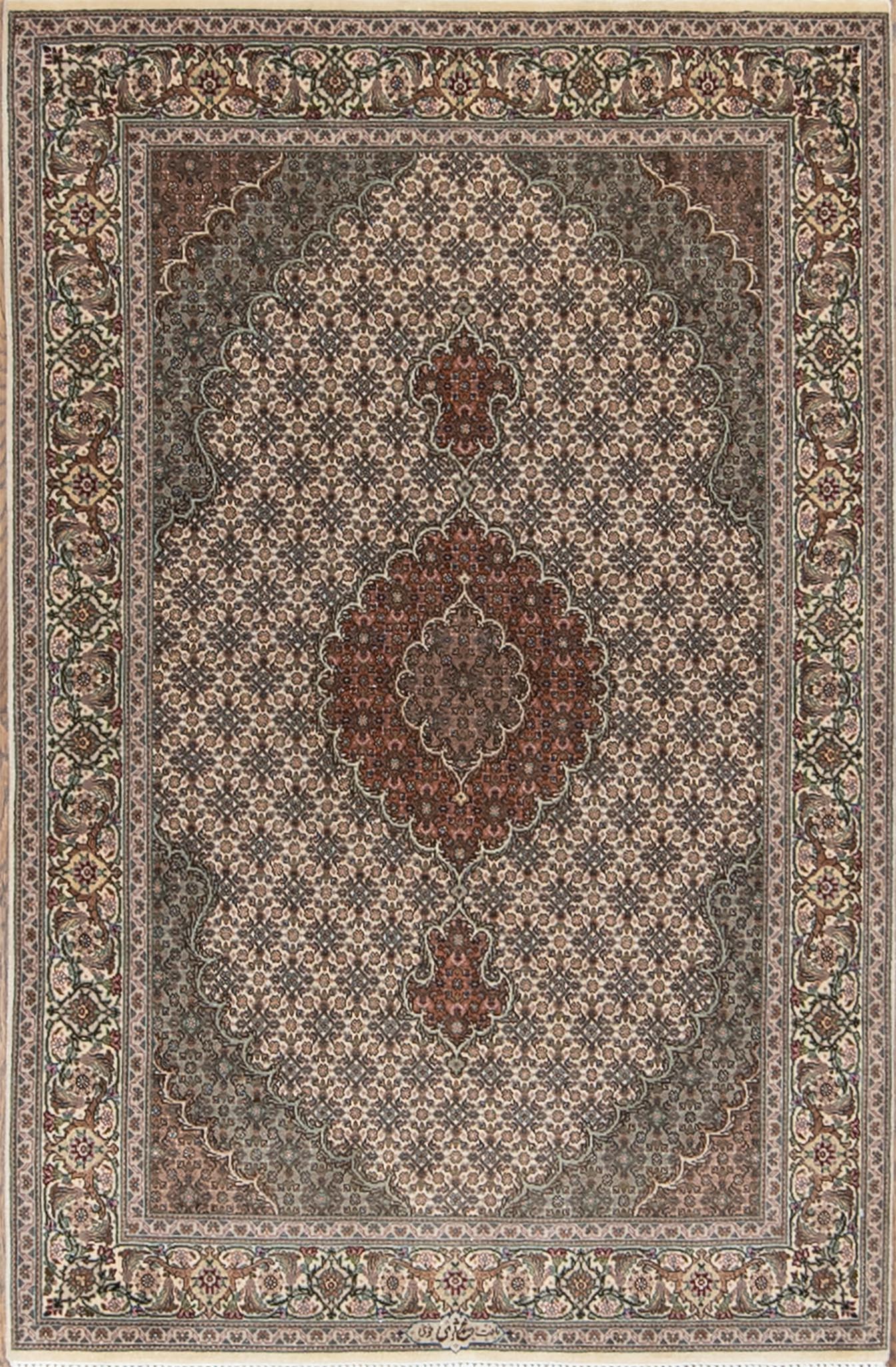 A classic design wool and silk handmade Persian carpet in beige and green colors. Size 3.5x5.3.