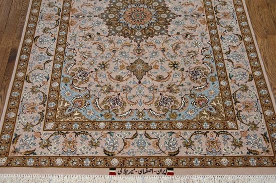 Hand knotted Persian Isfahan rug, floral entry rug in beige and pastel brown color. Size 3.10x6.