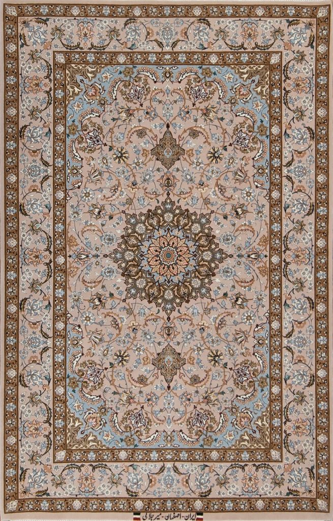 Hand knotted Persian Isfahan rug, floral entry rug in beige and pastel brown color. Size 3.10x6.