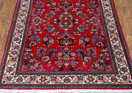 Handmade Persian Sarouk floral wool rug in red color. Size 3.3x5.