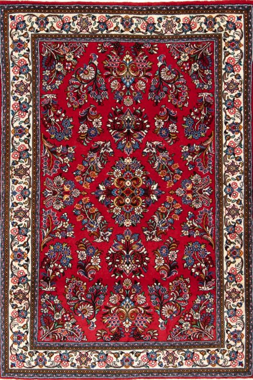 Handmade Persian Sarouk floral wool rug in red color. Size 3.4x5.
