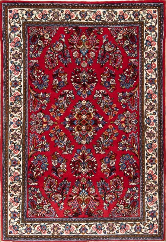 Handmade Persian Sarouk floral wool rug in red color. Size 3.3x5.