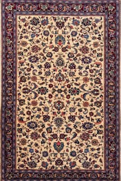 Handmade Persian Sarouk area rug with beige color in the main field and red in the borders. Size 4.2x6.8.