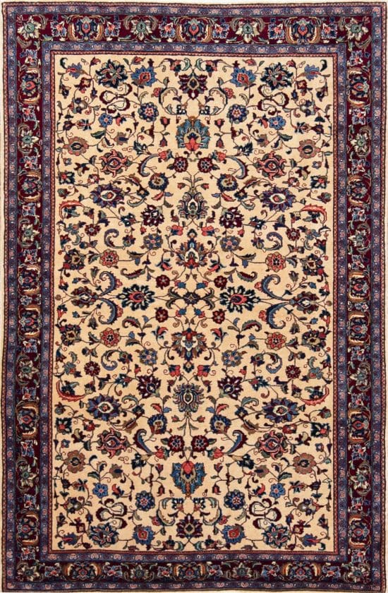 Handmade Persian Sarouk area rug with beige color in the main field and red in the borders. Size 4.2x6.8.