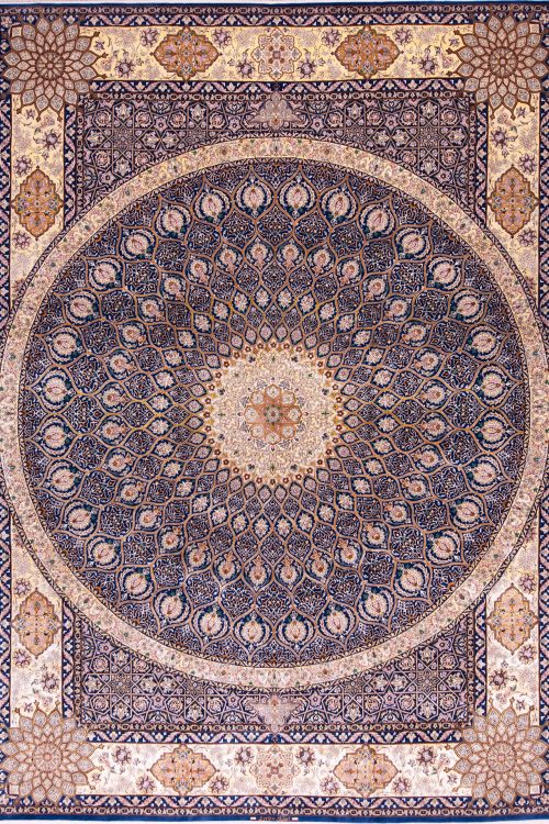 Handmade Persian Isfahan rug, mandala design with blue and gold colors. Size 8.2x11.3.