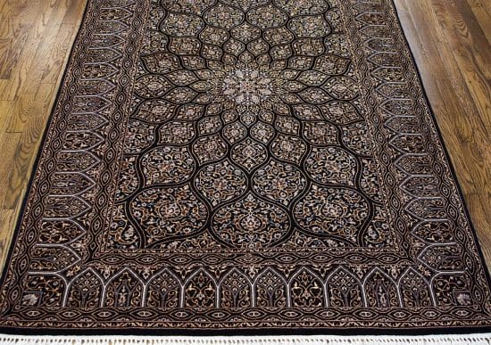 Black and gold color Persian Isfahan rug in mandala design. Size 4.4x6.3.