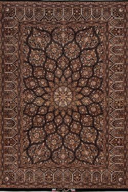 Black and gold color Persian Isfahan rug in mandala design. Size 4.4x6.3.