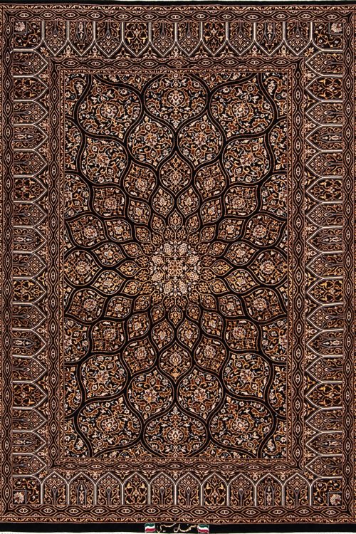 Black and gold color Persian Isfahan rug in mandala design. Size 4.4x6.3.