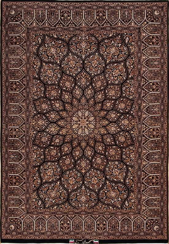 Black and gold color Persian Isfahan rug in mandala design. Size 4.4x6.3.