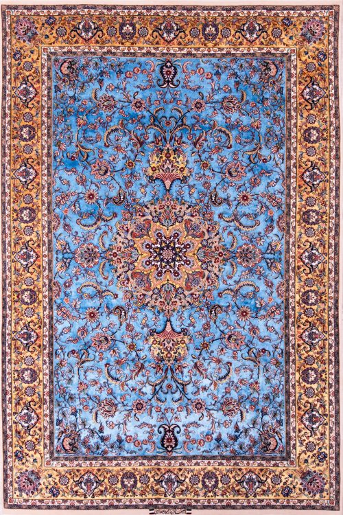 Handmade Persian silk rug in blue color and gold colors. Size 6.8x10.