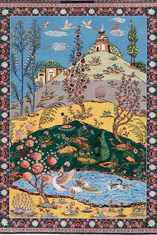 A beautiful handmade Persian Isfahan multicolor scenic style rug by the Iconic weaver Haghighi. Size 4x5.5.