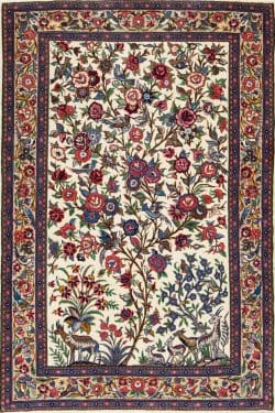 A colorful handmade Persian Sarouk tree of life rug with birds and animals. Size 3.5x5.2.