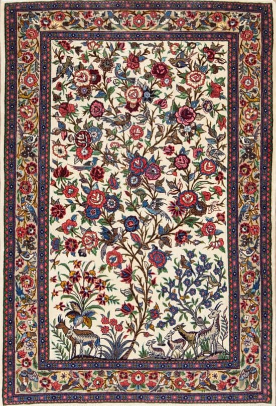 A colorful handmade Persian Sarouk tree of life rug with birds and animals. Size 3.5x5.2.