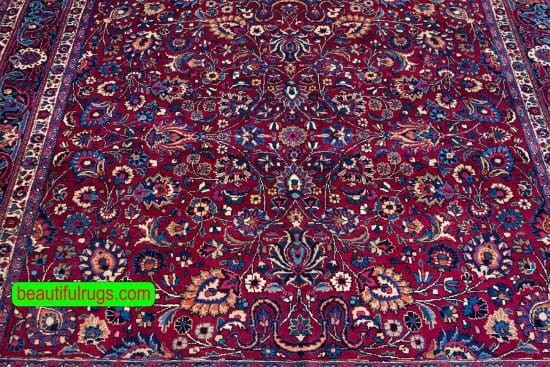 Handmade Persian Mashad square rug in red color. Size 6.10x6.7.