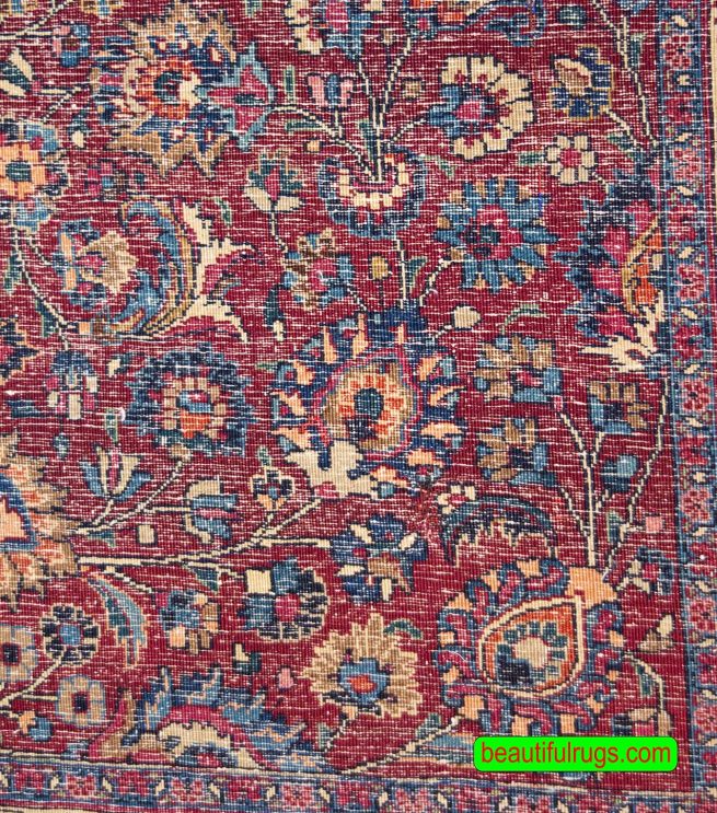 Handmade Persian Mashad square rug in red color. Size 6.10x6.7.