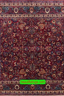 Handmade Persian Mashad square rug in red color. Size 6.10x6.7.