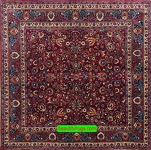 Handmade Persian Mashad square rug in red color. Size 6.10x6.7.